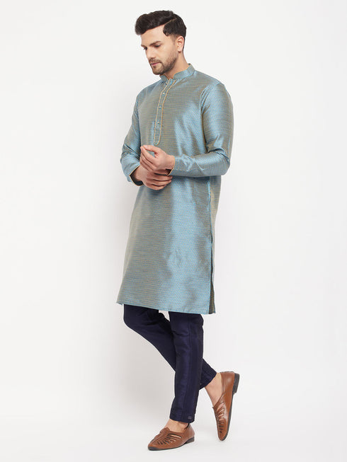 Vastramay Men's Aqua Blue Silk Blend Kurta and Navy Blue Pant Style Pyjama Set